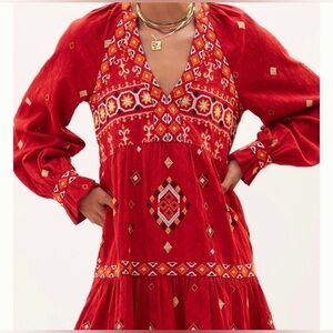 Anthropologie Embroidered Red Motif Tunic Dress XL